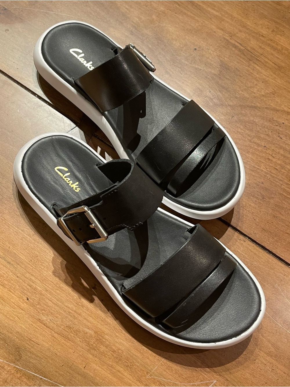 Clarks Black Leather Slide Sandals with White Sole and Buckle - Picture 2 of 7